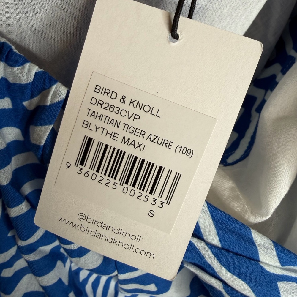 Bird And Knoll Blythe Maxi Dress Tahitian Tiger Azure Blue White New With Tags S — image 5 of 6